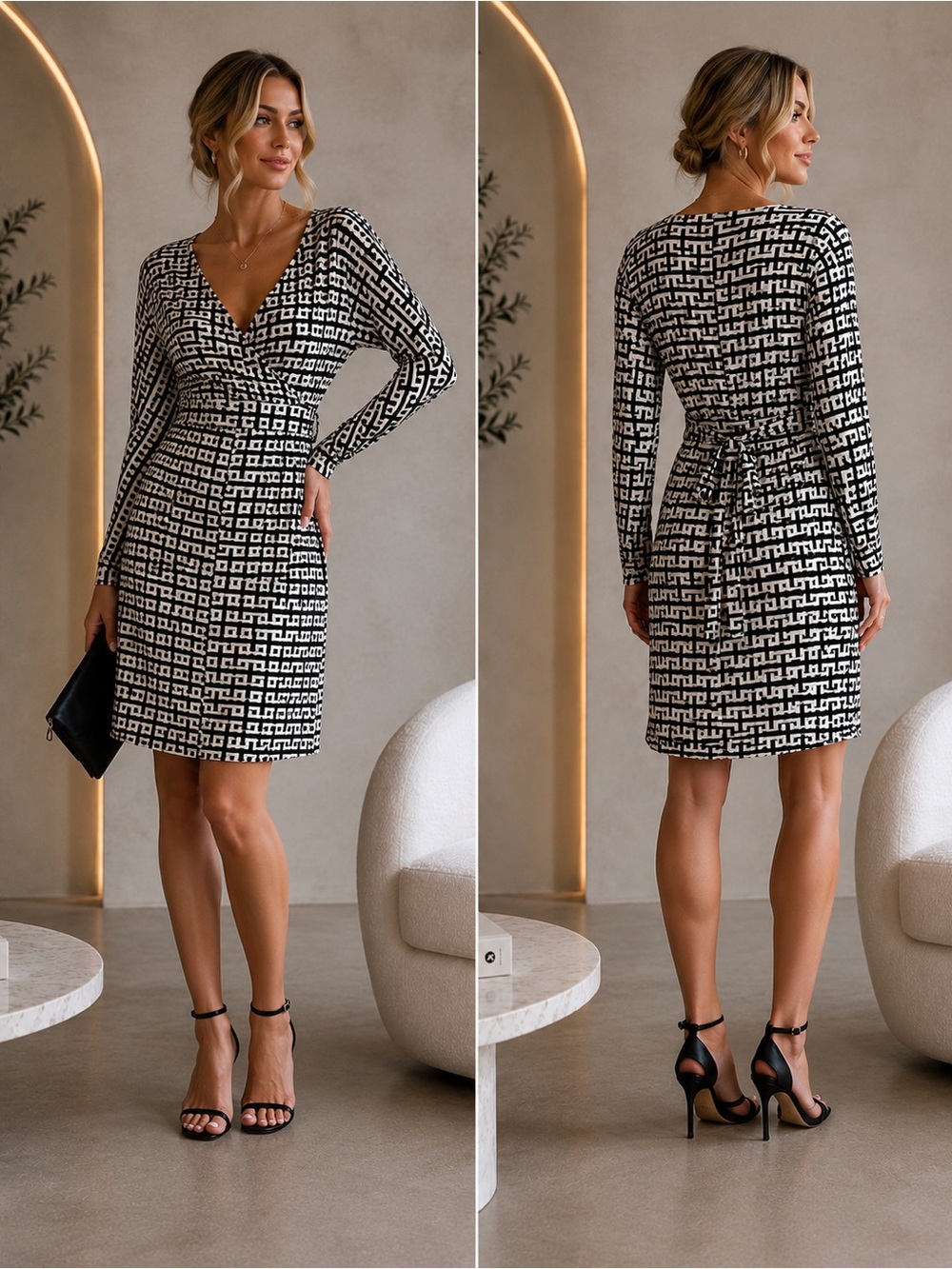 Tart Geometric Faux Wrap Dress Small | Black & White Long Sleeve Sheath | A-1838